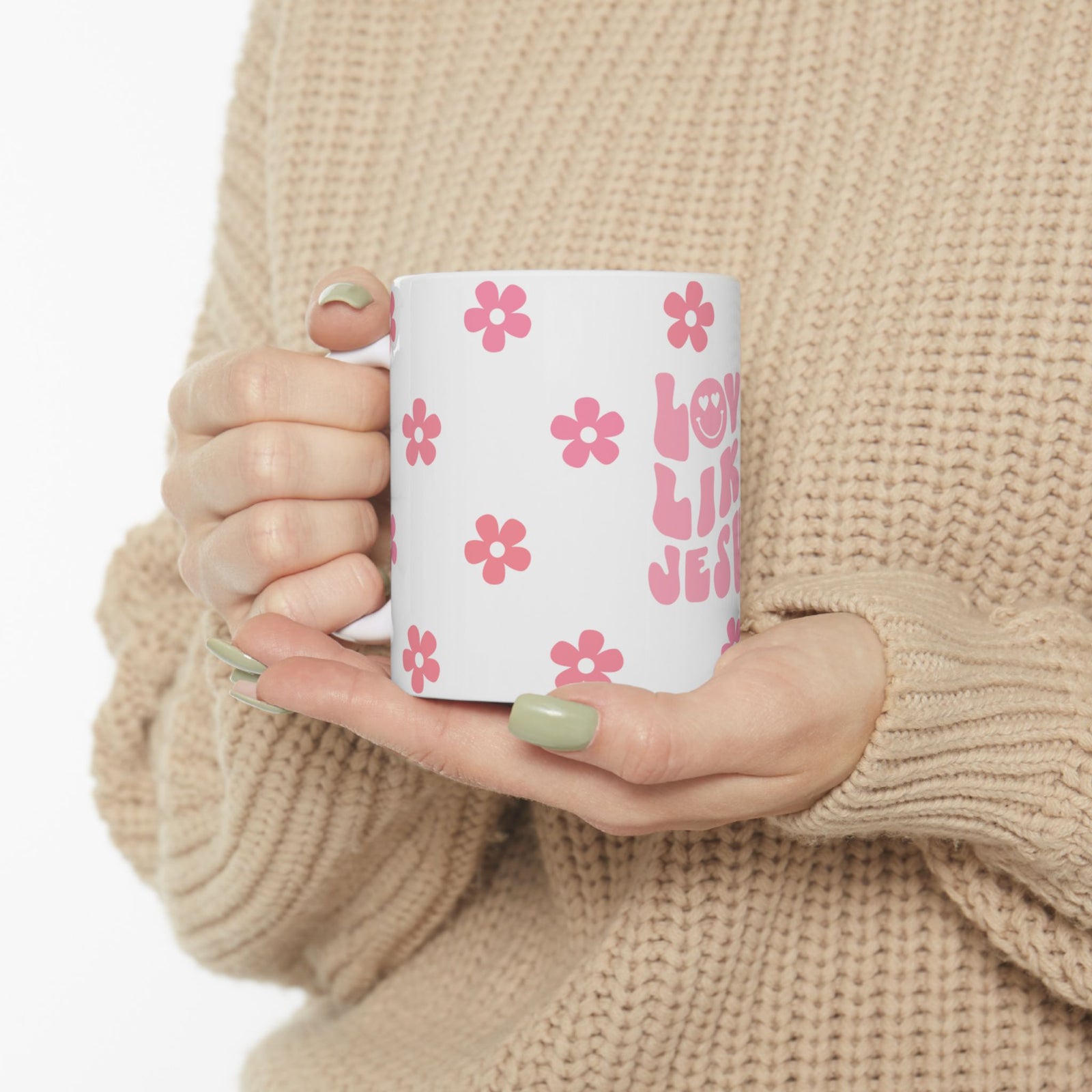 Love Like Jesus Ceramic Mug — Pink Floral Christian Coffee Cup (11oz & 15oz)