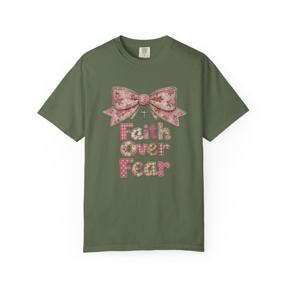 Faith Over Fear T‑Shirt Floral Faux Fabric Patch Bow Christian Tee