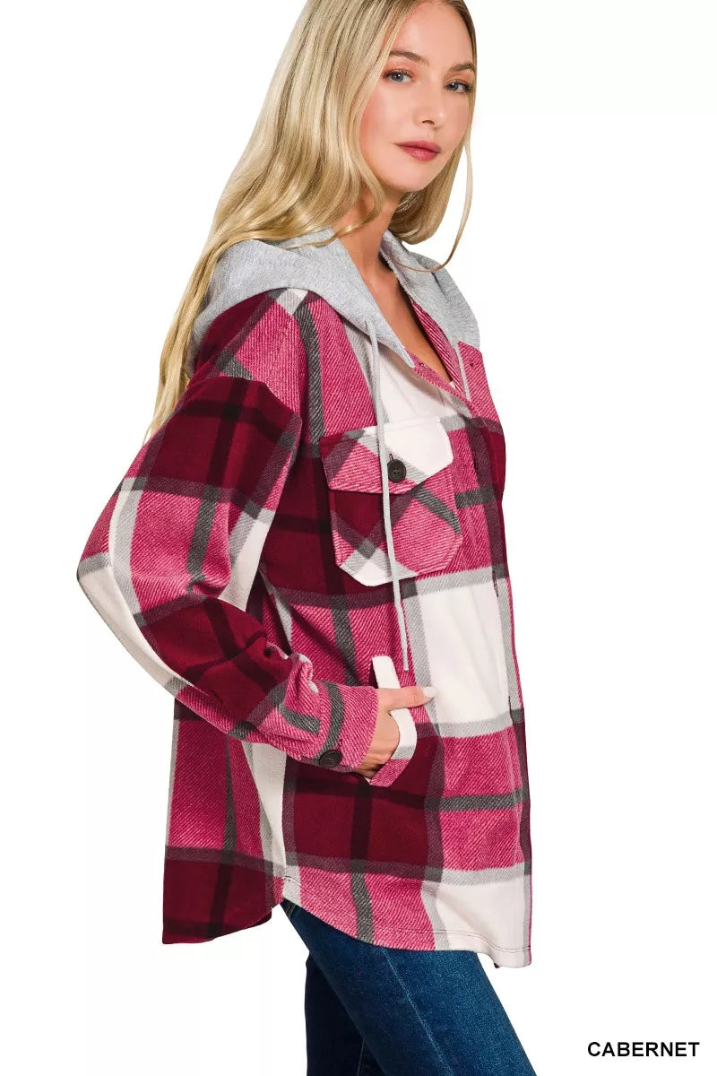 Zenana Plaid Drawstring Hooded Fleece Shacket - Sydney So Sweet