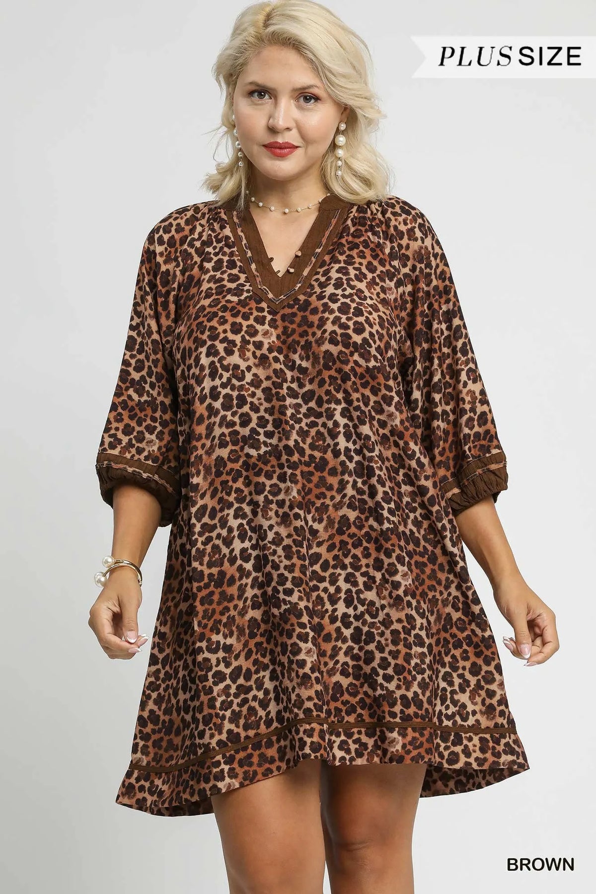 Umgee Full Size Leopard Print Mini Dress with Contrast Trim Plus Size - Sydney So Sweet
