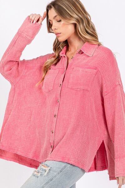 SAGE + FIG Frayed Hem Side Slit Button Down Shirt - Sydney So Sweet