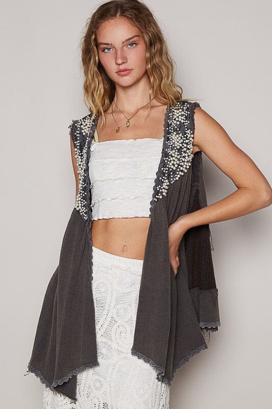 POL Embroidered Pearls Open Front Sleeveless Cardigan - Sydney So Sweet