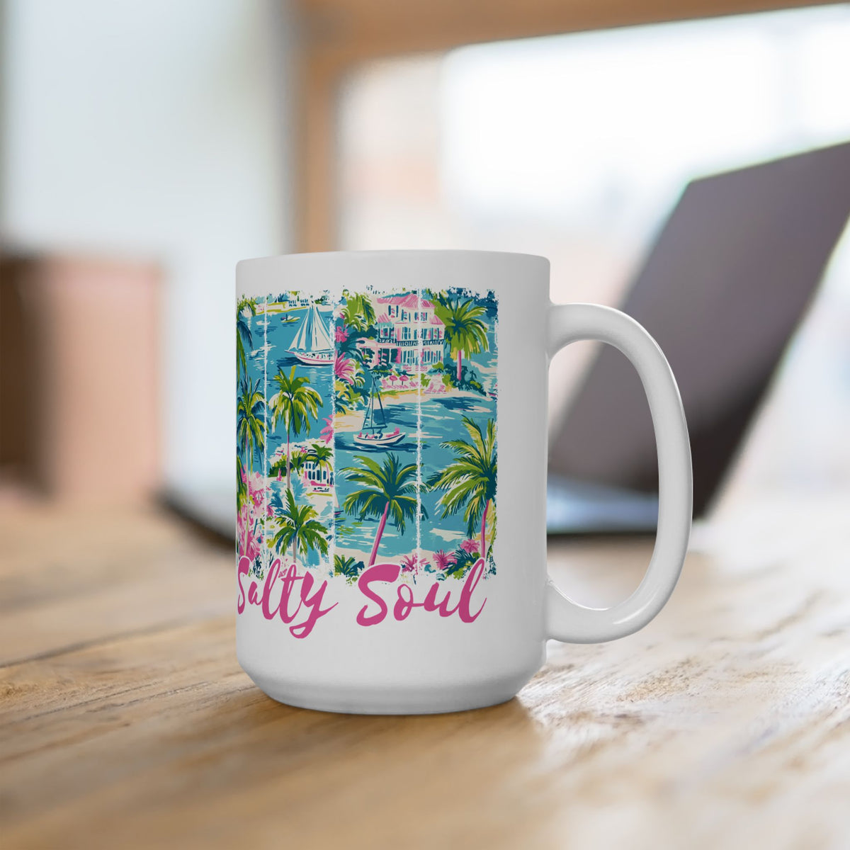Salty Soul Beachy Palm Print Cute Ceramic Mug Coffee Cup (11oz & 15oz)