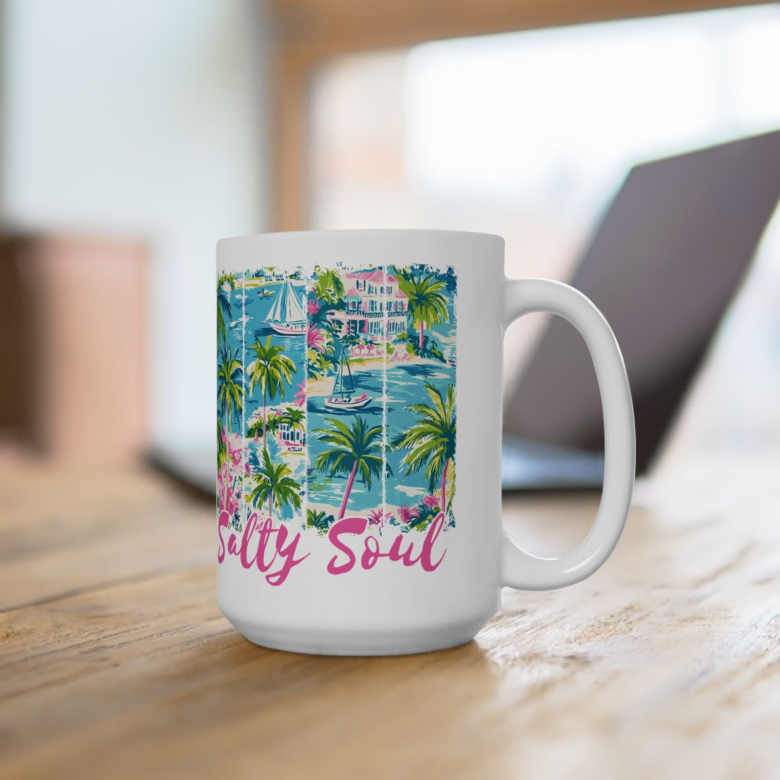 Salty Soul Beachy Palm Print Cute Ceramic Mug Coffee Cup (11oz & 15oz)