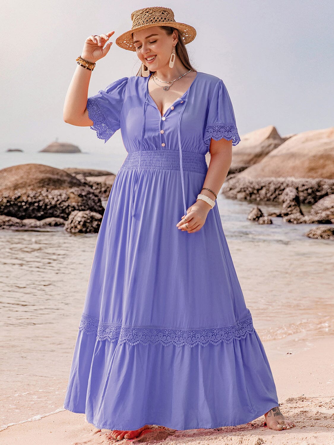 Plus Size Lace Detail Tie Neck Short Sleeve Maxi Dress - Sydney So Sweet