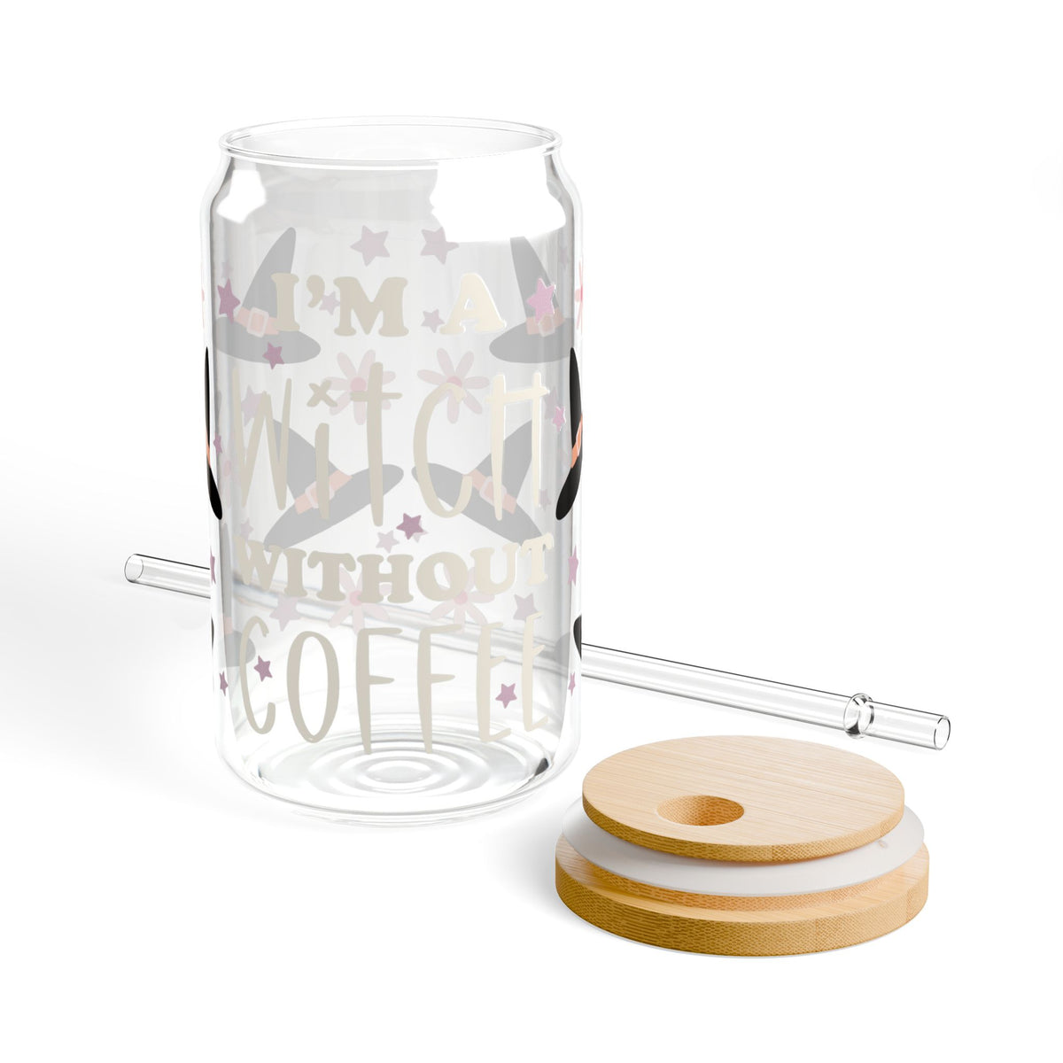 I'm a Witch Without Coffee Halloween Sipper Glass 16oz Reusable Drink Jar with Lid & Straw