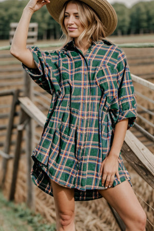 Plaid Button Up Collared Neck Shirt Dress - Sydney So Sweet