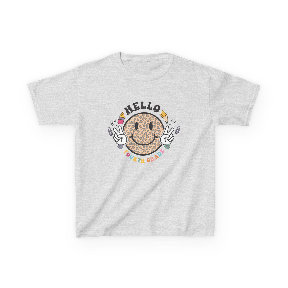 Fourth Grade Cheetah Smiley Face Graphic Tee Back-to-School 4th Grade Kids T-Shirt