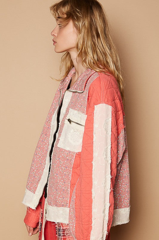 POL Floral Patchwork Zip Up Long Sleeve Jacket - Sydney So Sweet