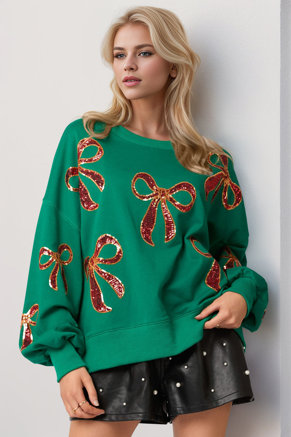 Christmas Bow Sequin Round Neck Dropped Shoulder Sweatshirt - Sydney So Sweet