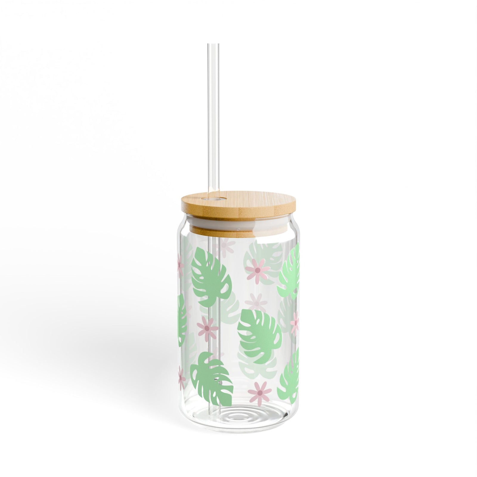 Monstera Plant Tumbler Sipper Glass 16oz — Reusable Drink Jar with Lid & Straw