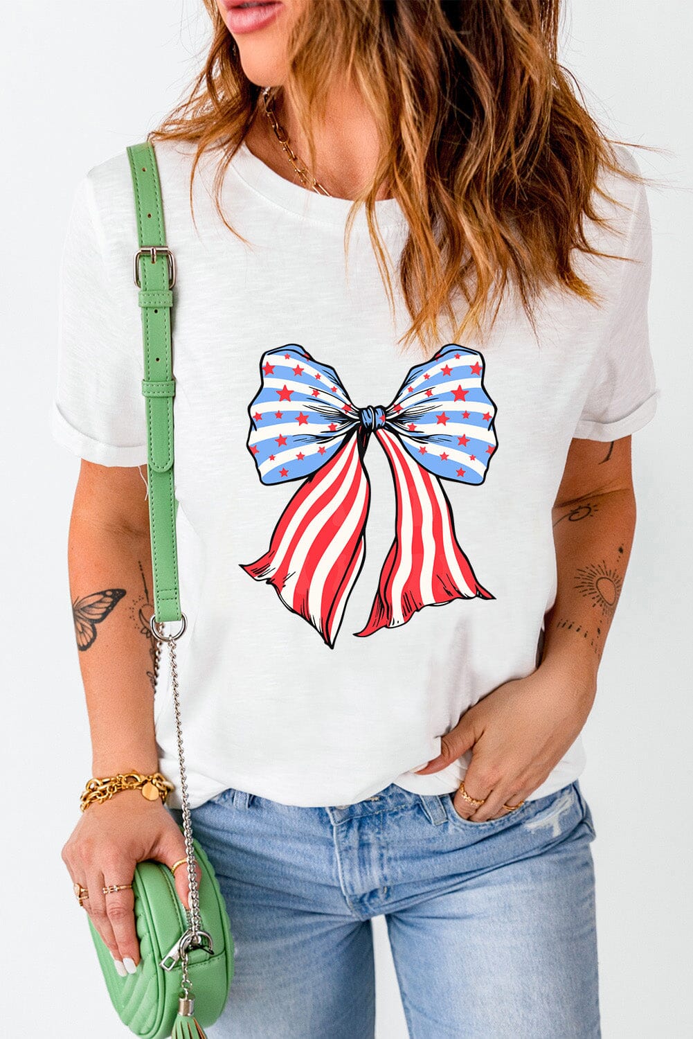 Bow Flag Patriotic Women&#39;s Short Sleeve Graphic T-Shirt - Sydney So Sweet