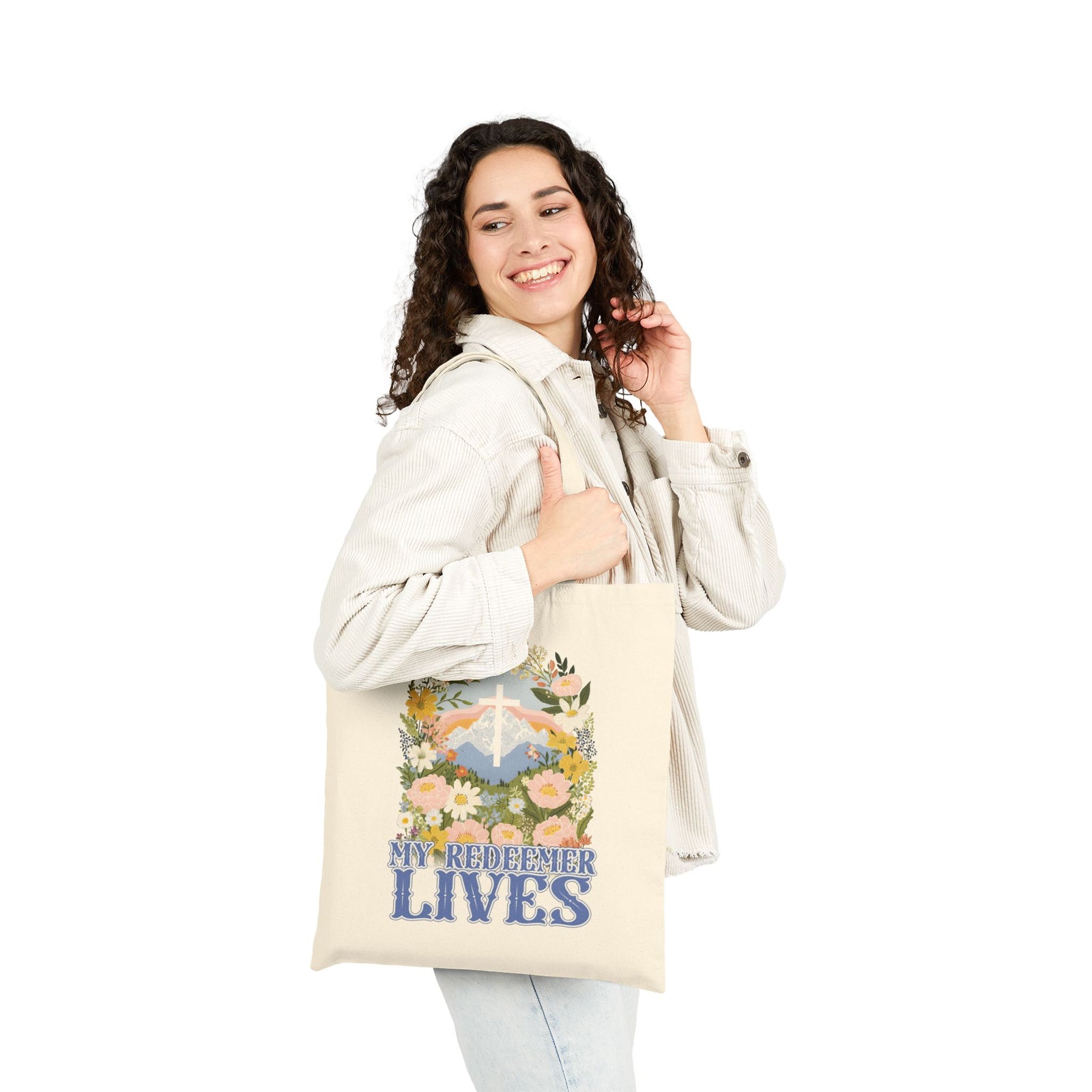 My Redeemer Lives Floral Cross Christian Cotton Canvas Tote Bag