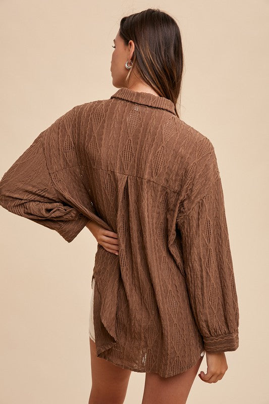 Annie Wear Openwork Button Down Drop Shoulder Shirt - Sydney So Sweet