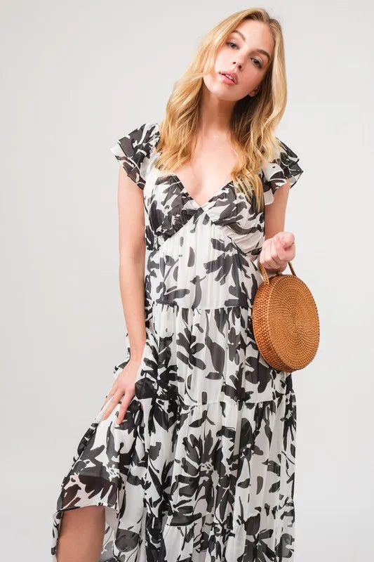 And The Why Ruffled Sleeve Tiered Floral Print Maxi Dress - Sydney So Sweet