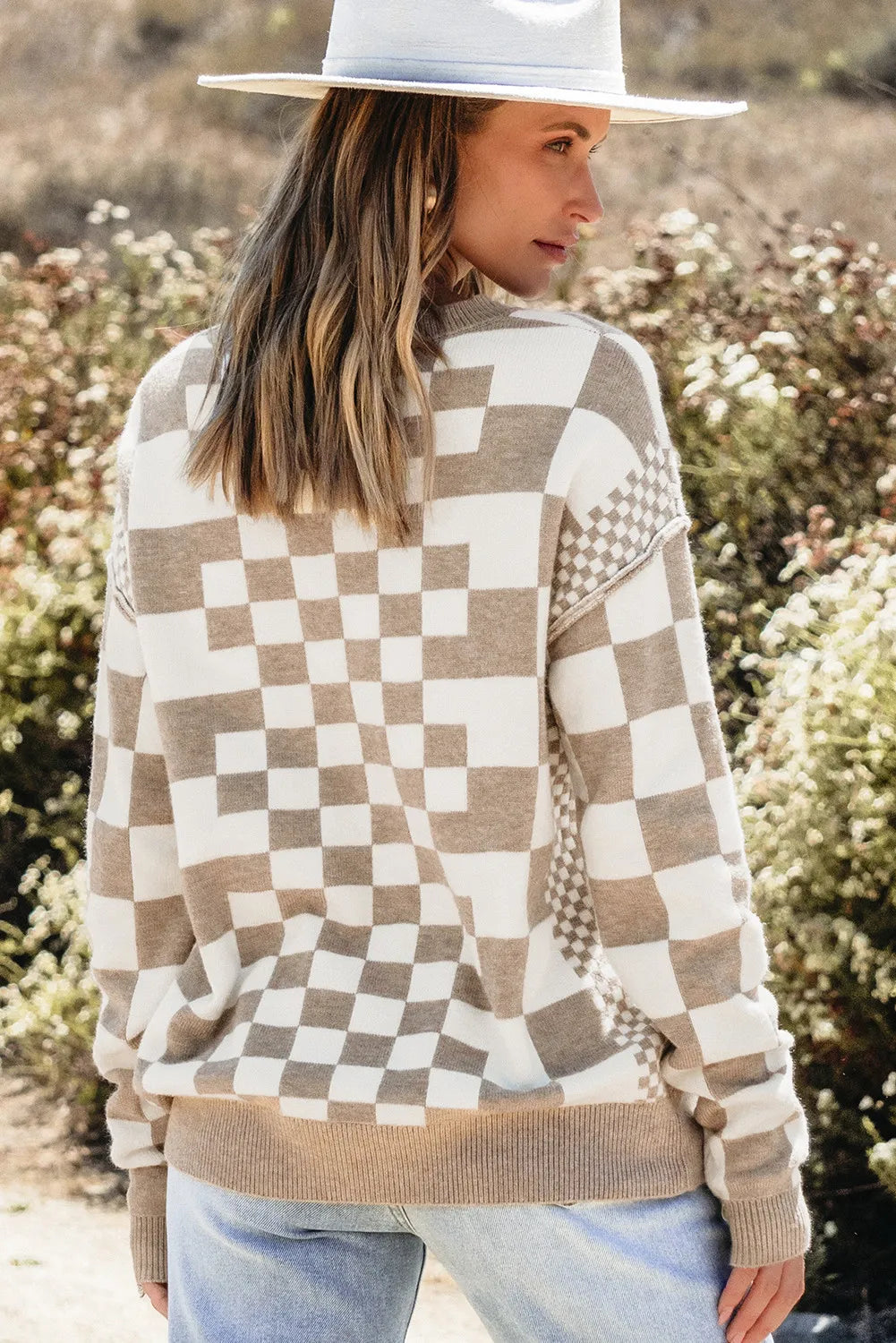 Checkered Round Neck Long Sleeve Sweater - Sydney So Sweet