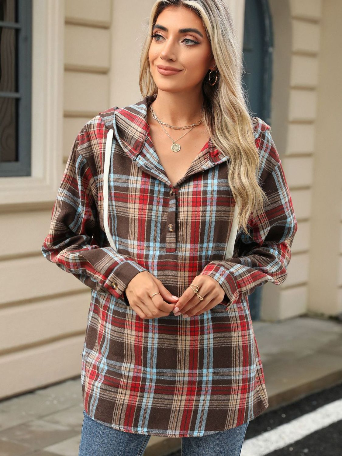 Drawstring Plaid Hooded Long Sleeve Top - Sydney So Sweet