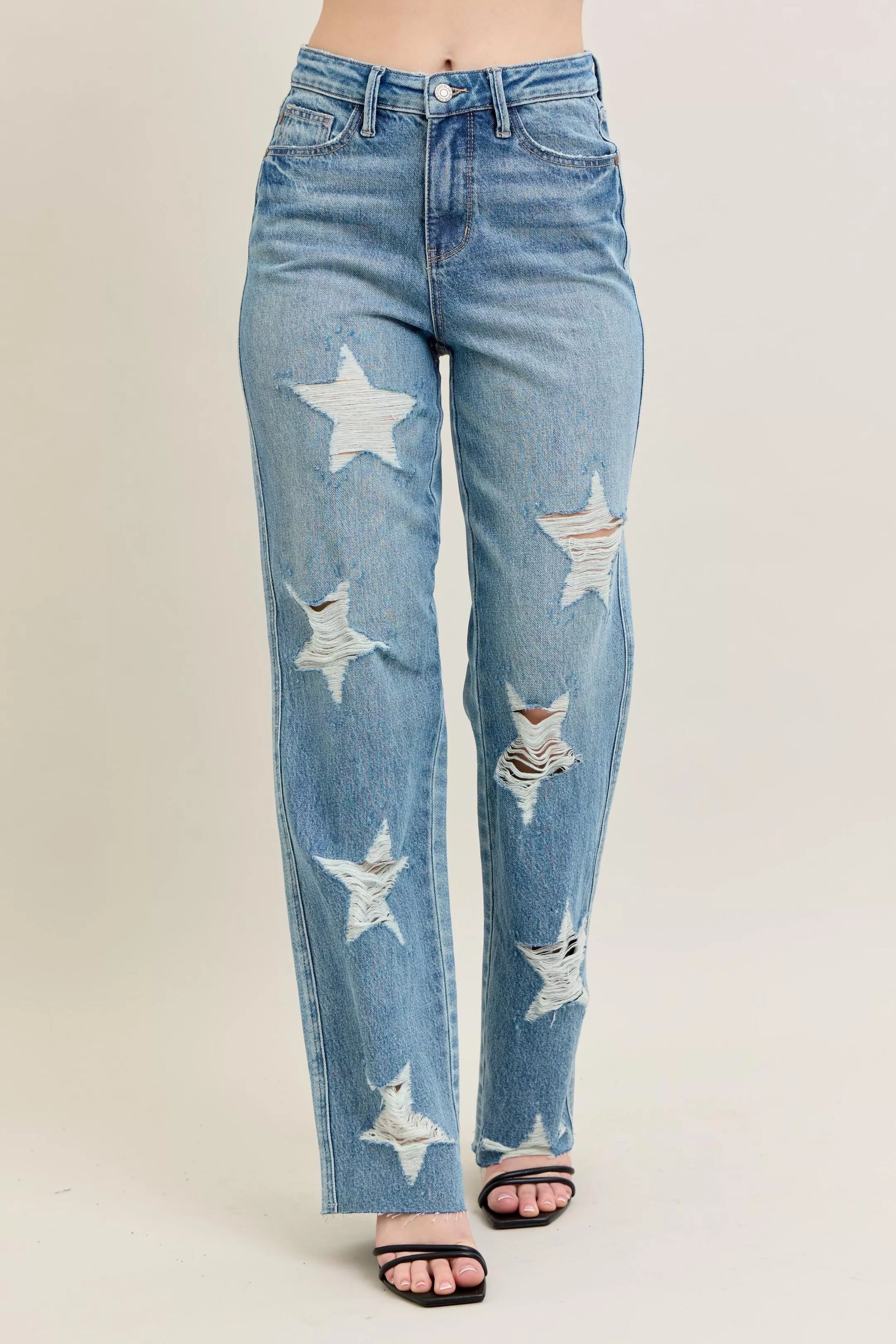 Judy Blue Full Size High Waist Rigid Magic Star Shaped Destroy 90's Straight Jeans Plus Size - Sydney So Sweet