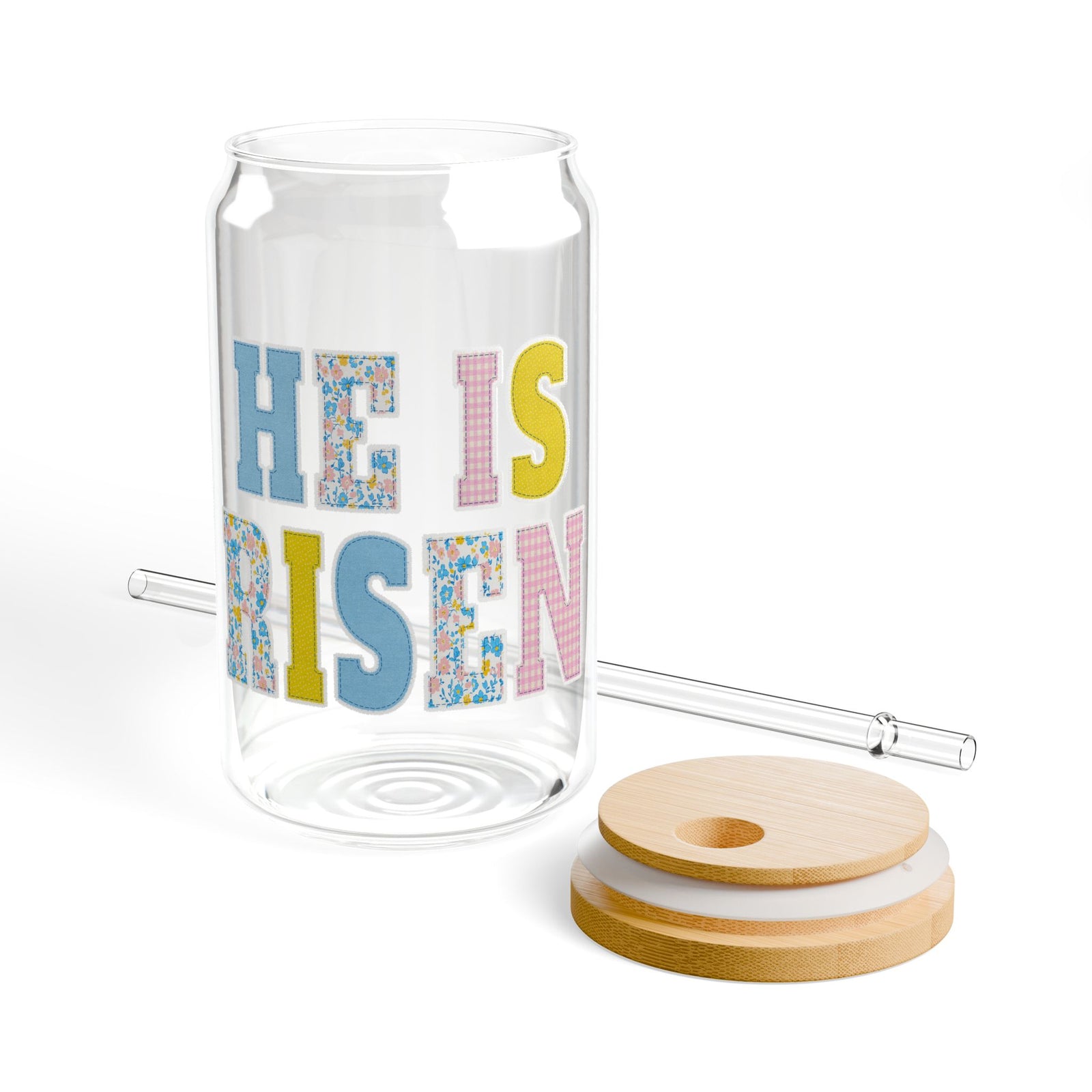 He Is Risen Easter Floral Patchwork Christian Sipper Glass 16oz Reusable Drink Jar with Lid & Straw