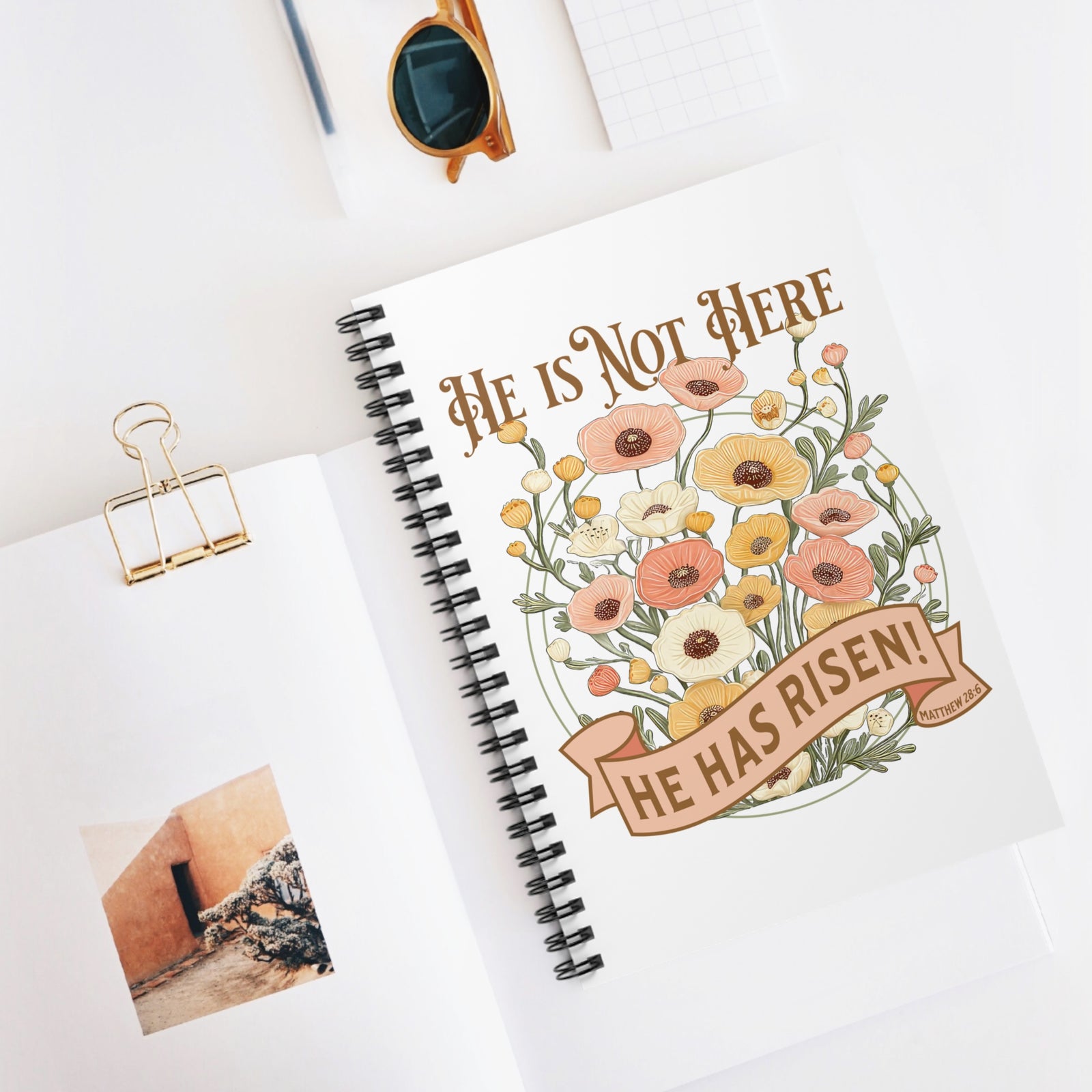 He Is Not Here He Has Risen Floral Ruled Christian Spiral Notebook