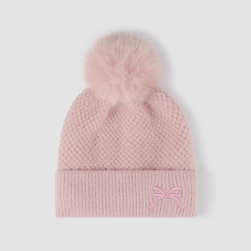 Thermal Bow Knit Hat with Pompom - Sydney So Sweet