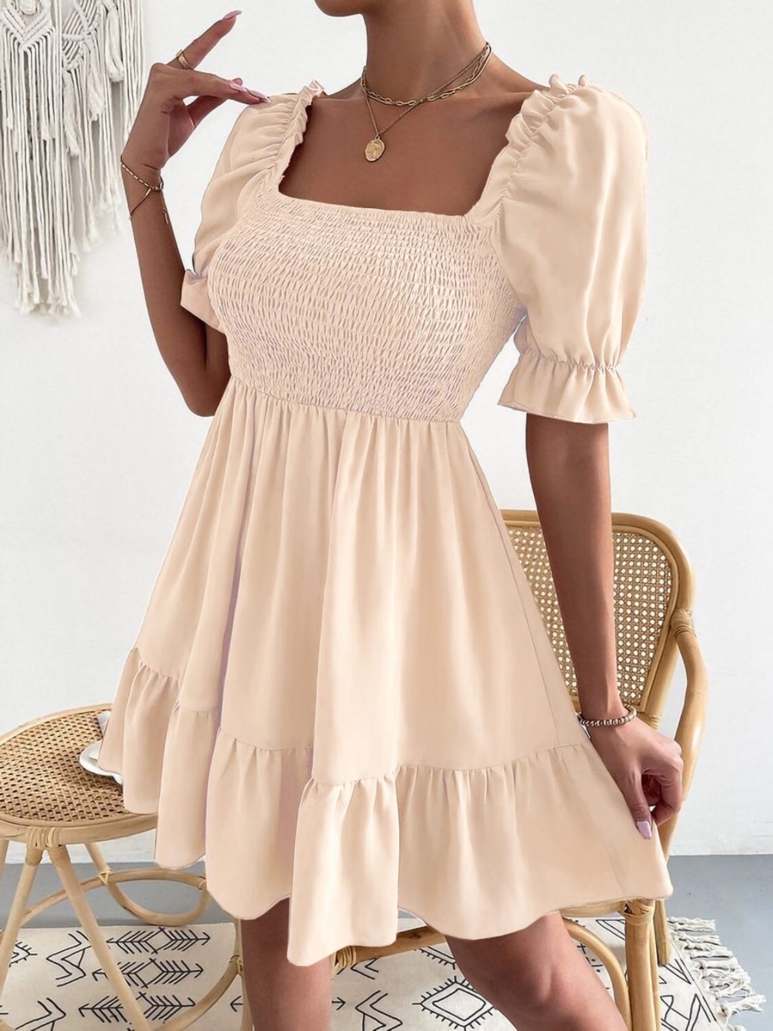 Smocked Square Neck Short Sleeve Dress - Sydney So Sweet