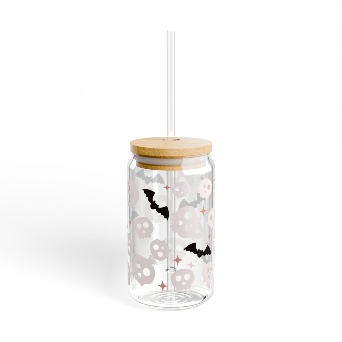 Spooky Halloween Skull & Bats Sipper Glass 16oz Reusable Drink Jar with Lid & Straw