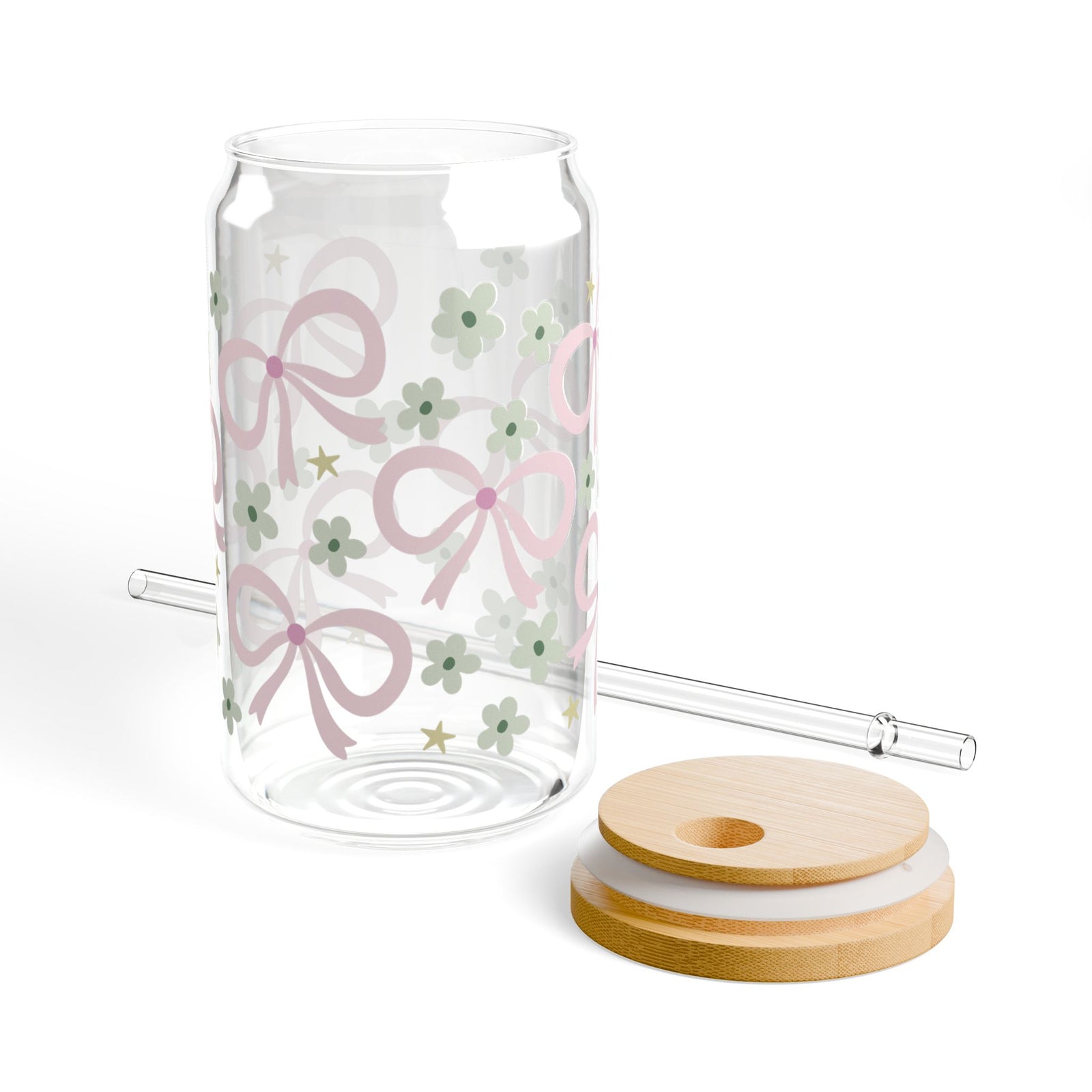 Spring Bows Tumbler Sipper Glass 16oz — Reusable Drink Jar with Lid & Straw
