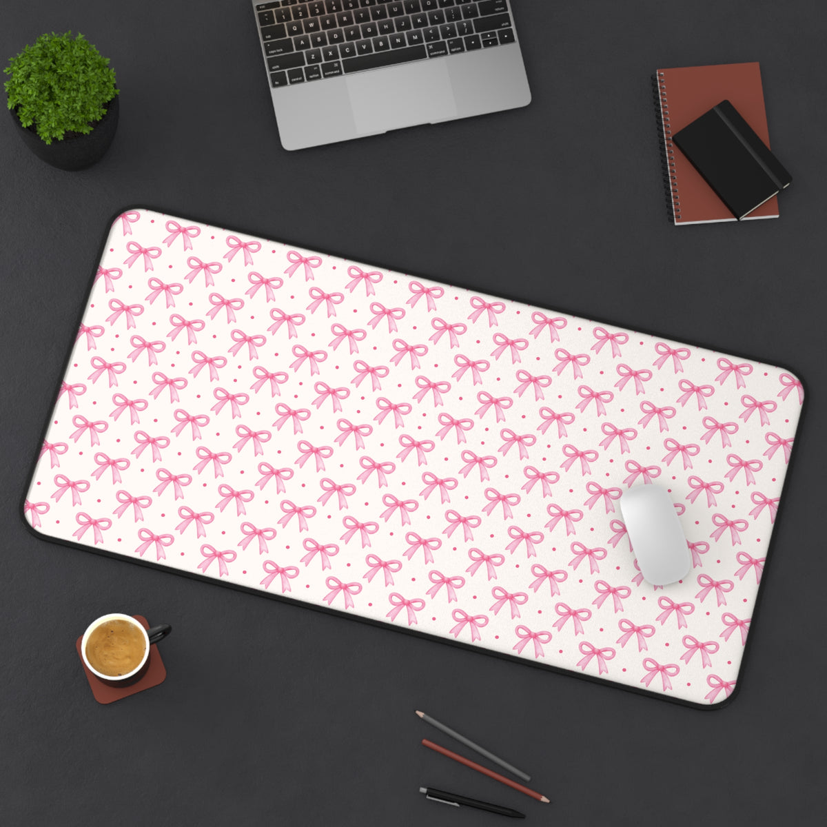 Coquette Bow Desk Mat - Hot Pink & Dot Design for Home Office Decor - Sydney So Sweet