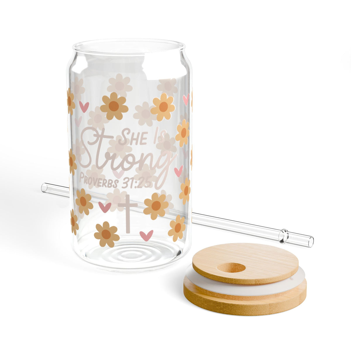 She Is Strong 16 Yellow Floral Proverbs 31:25 Christian Tumbler Sipper Glass 16oz — Reusable Drink Jar with Lid & Straw