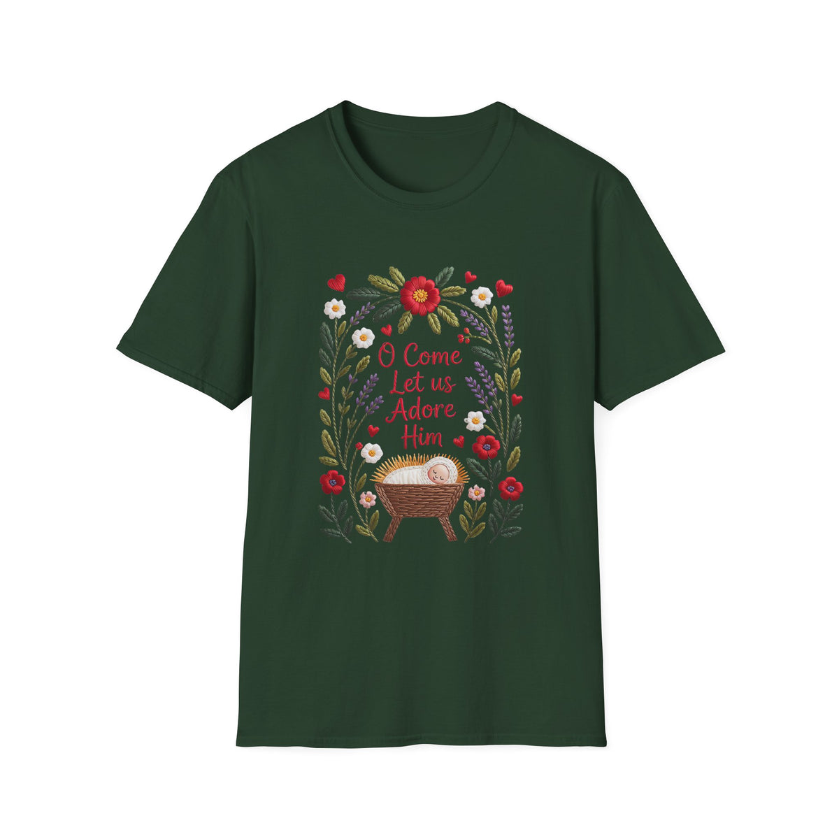 O Come Let Us Adore Him Christmas Tee Faux Embroidery Christian T-Shirt