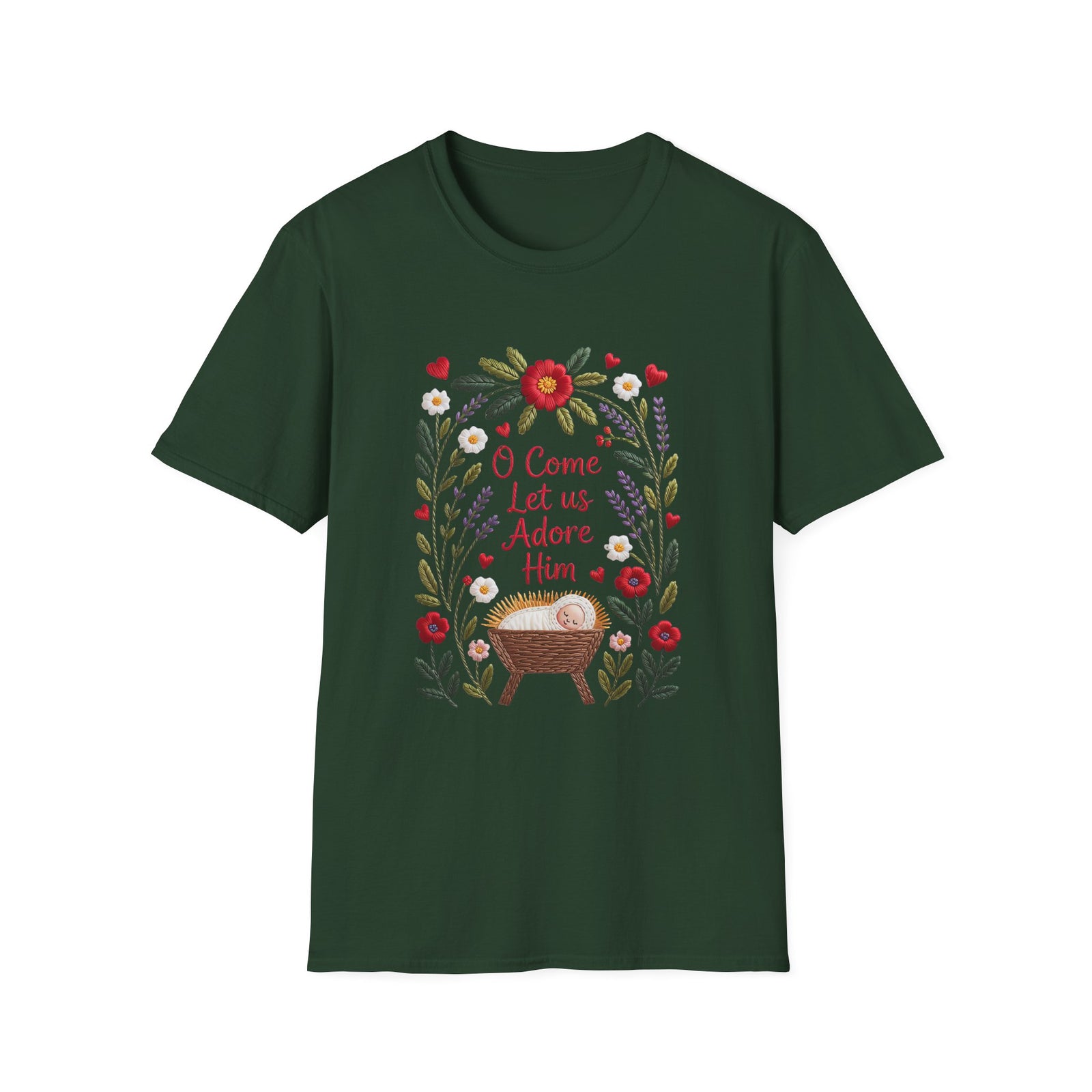 O Come Let Us Adore Him Christmas Tee Faux Embroidery Christian T-Shirt