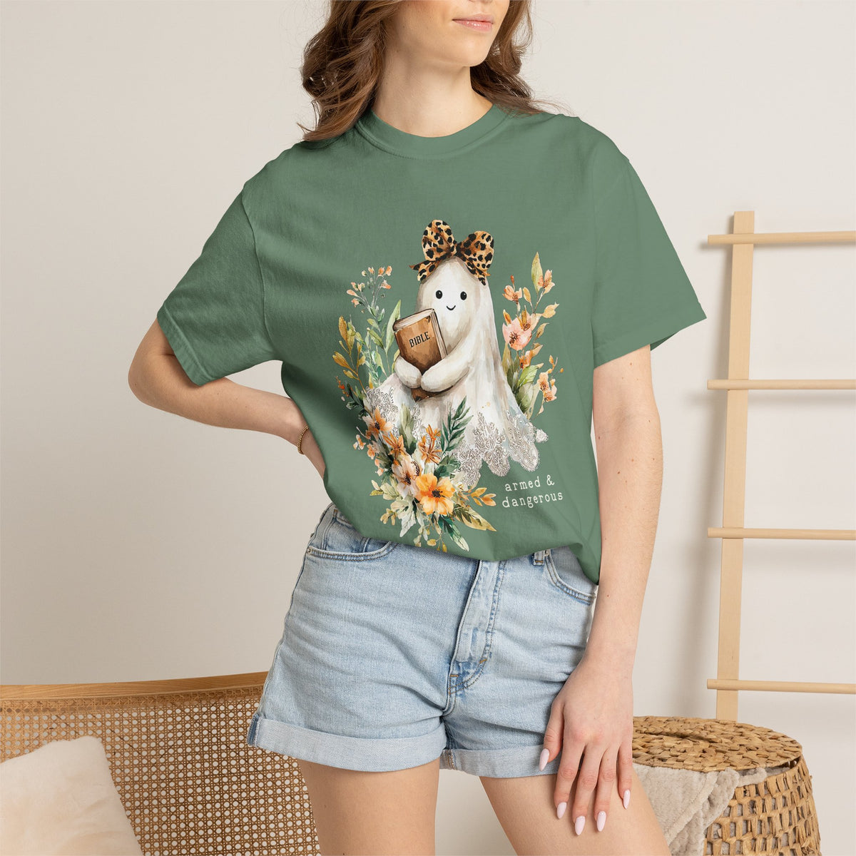 Bible Ghost Floral Tee Armed & Dangerous Cute Halloween Graphic T-Shirt