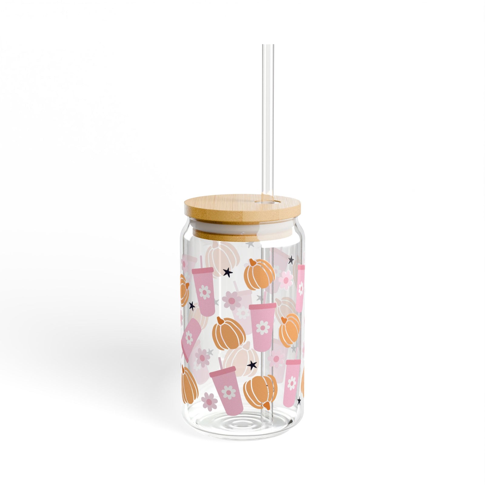 Pumpkin Spice Girlie Halloween Sipper Glass 16oz Reusable Drink Jar with Lid & Straw