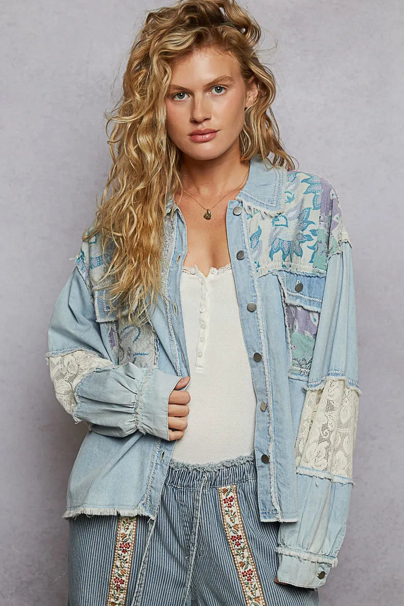 POL Printed Woven Mix Raw Hem Jacket with Lace Detail - Sydney So Sweet