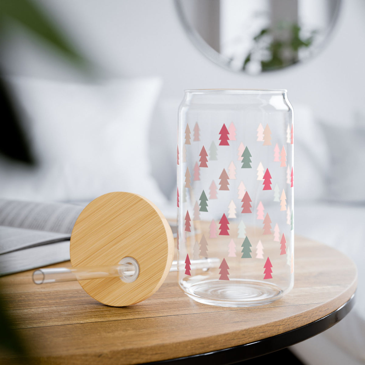 Mini Christmas Trees Sipper Glass 16oz Reusable Drink Jar with Lid & Straw