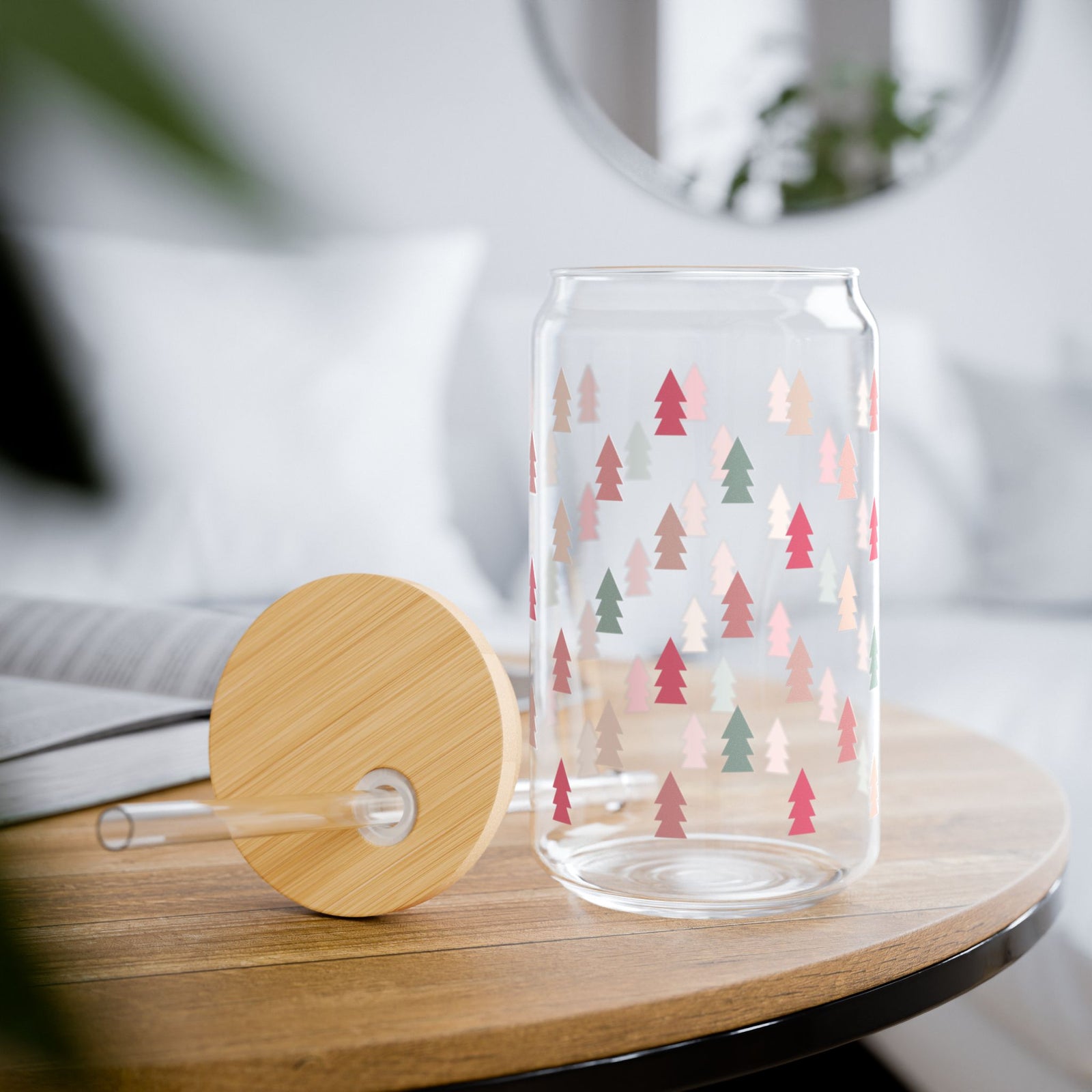 Mini Christmas Trees Sipper Glass 16oz Reusable Drink Jar with Lid & Straw
