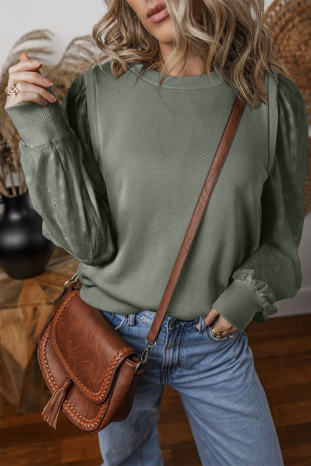 Eyelet Round Neck Long Sleeve Sweatshirt - Sydney So Sweet