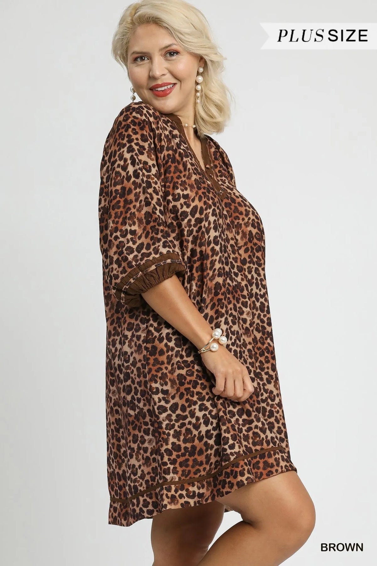 Umgee Full Size Leopard Print Mini Dress with Contrast Trim Plus Size - Sydney So Sweet