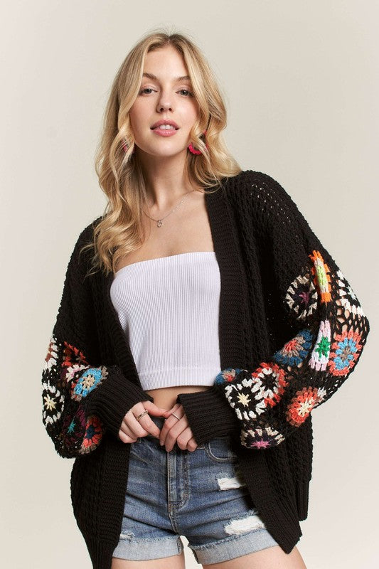 ADORA Full Size Contrast Crochet Open Front Long Sleeve Cardigan Plus Size - Sydney So Sweet