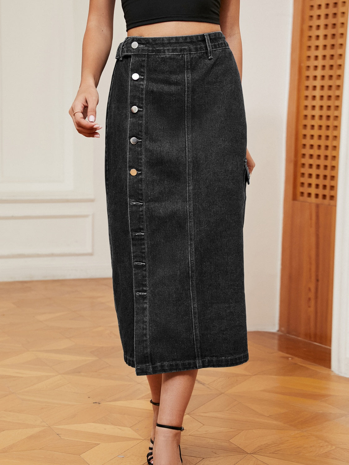 Button Down Midi Denim Skirt - Sydney So Sweet