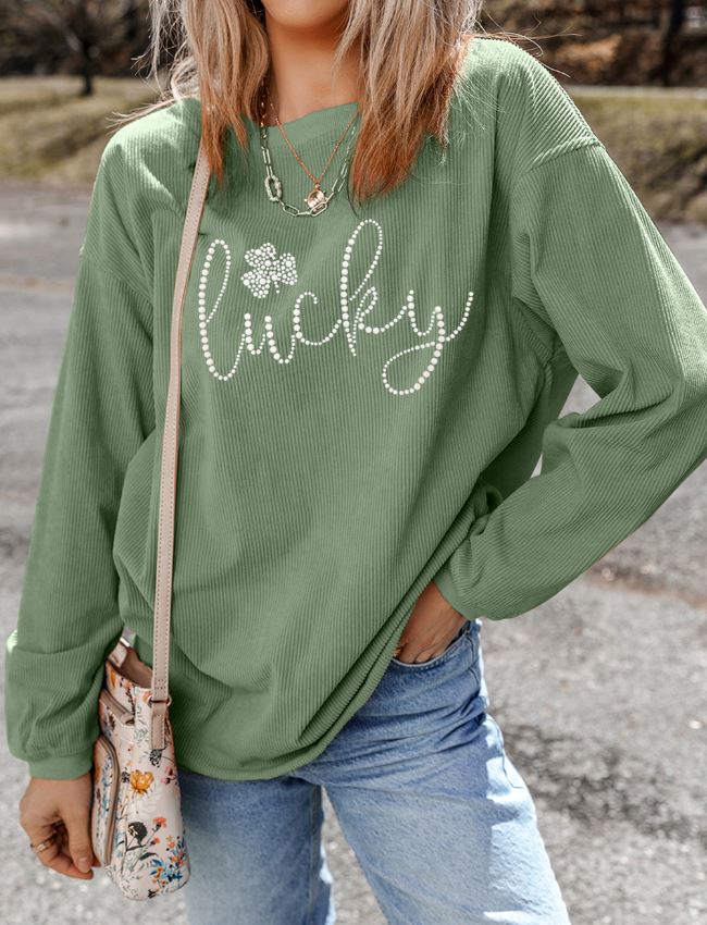 LUCKY Rhinestone Round Neck Long Sleeve Sweatshirt - Sydney So Sweet