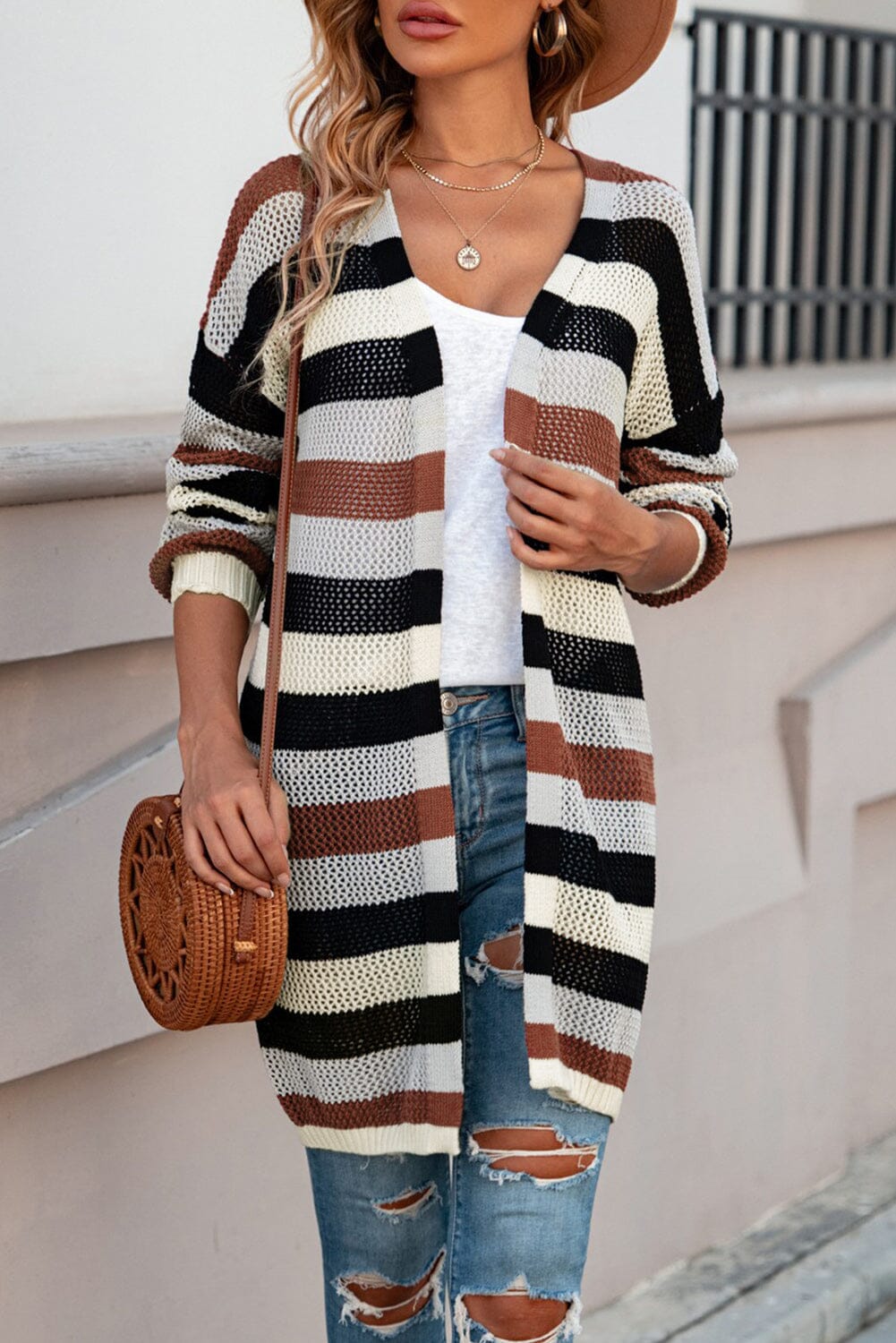 Full Size Striped Long Sleeve Openwork Cardigan - Sydney So Sweet