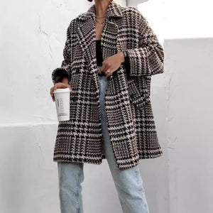 Houndstooth Collared Neck Long Sleeve Coat with Pockets - Sydney So Sweet