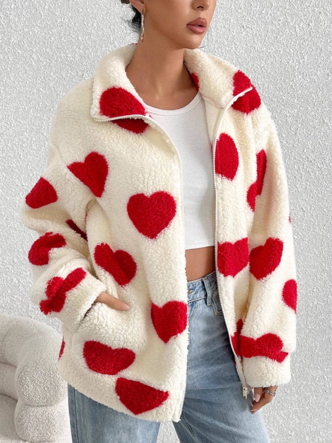 Heart Zip Up Drop Shoulder Furry Jacket - Sydney So Sweet