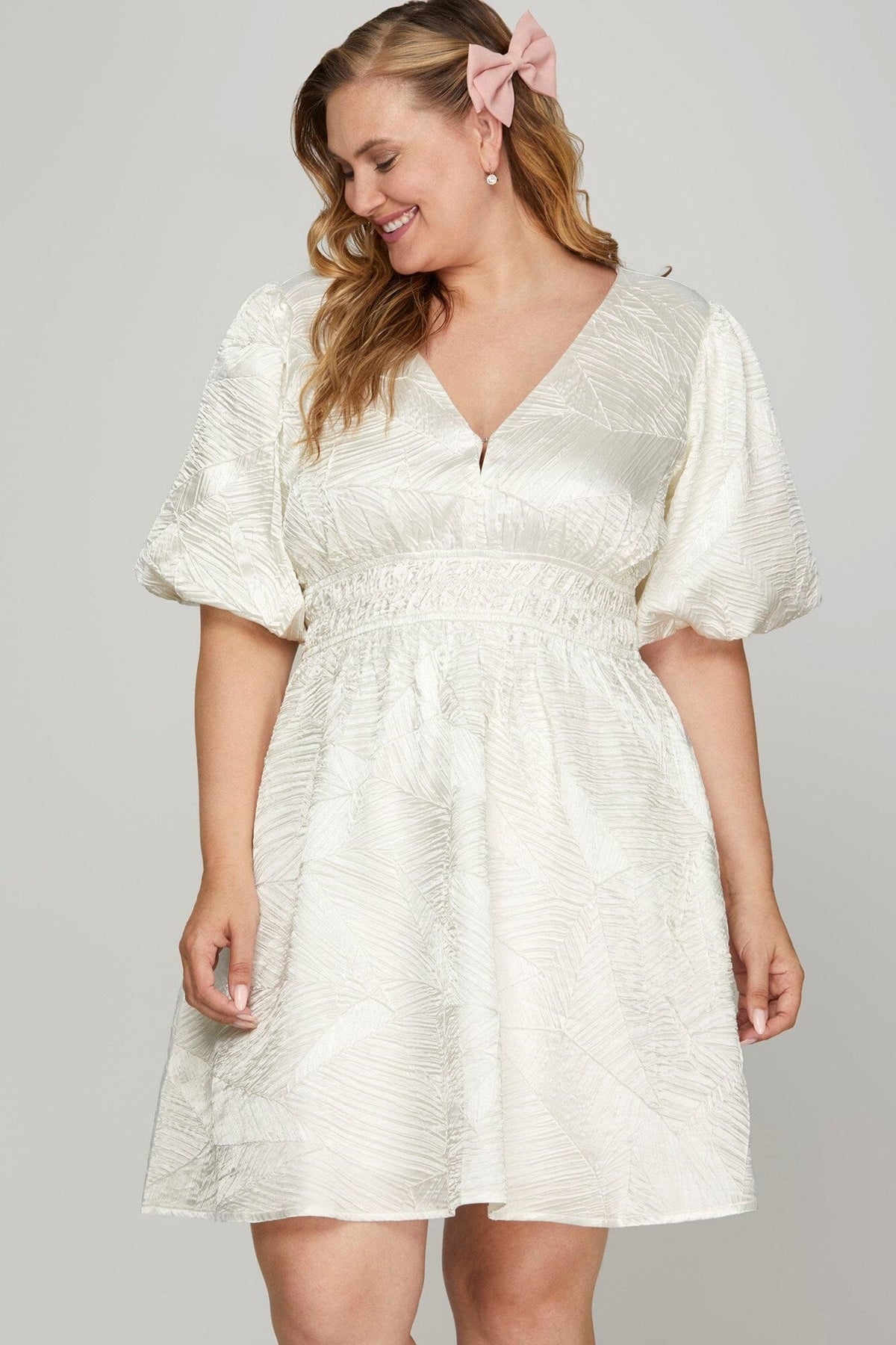 She + Sky Crinkle Woven V-Neck Balloon Sleeve Mini Dress - Sydney So Sweet