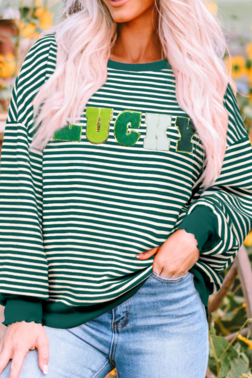 LUCKY Striped Round Neck Long Sleeve Sweatshirt - Sydney So Sweet