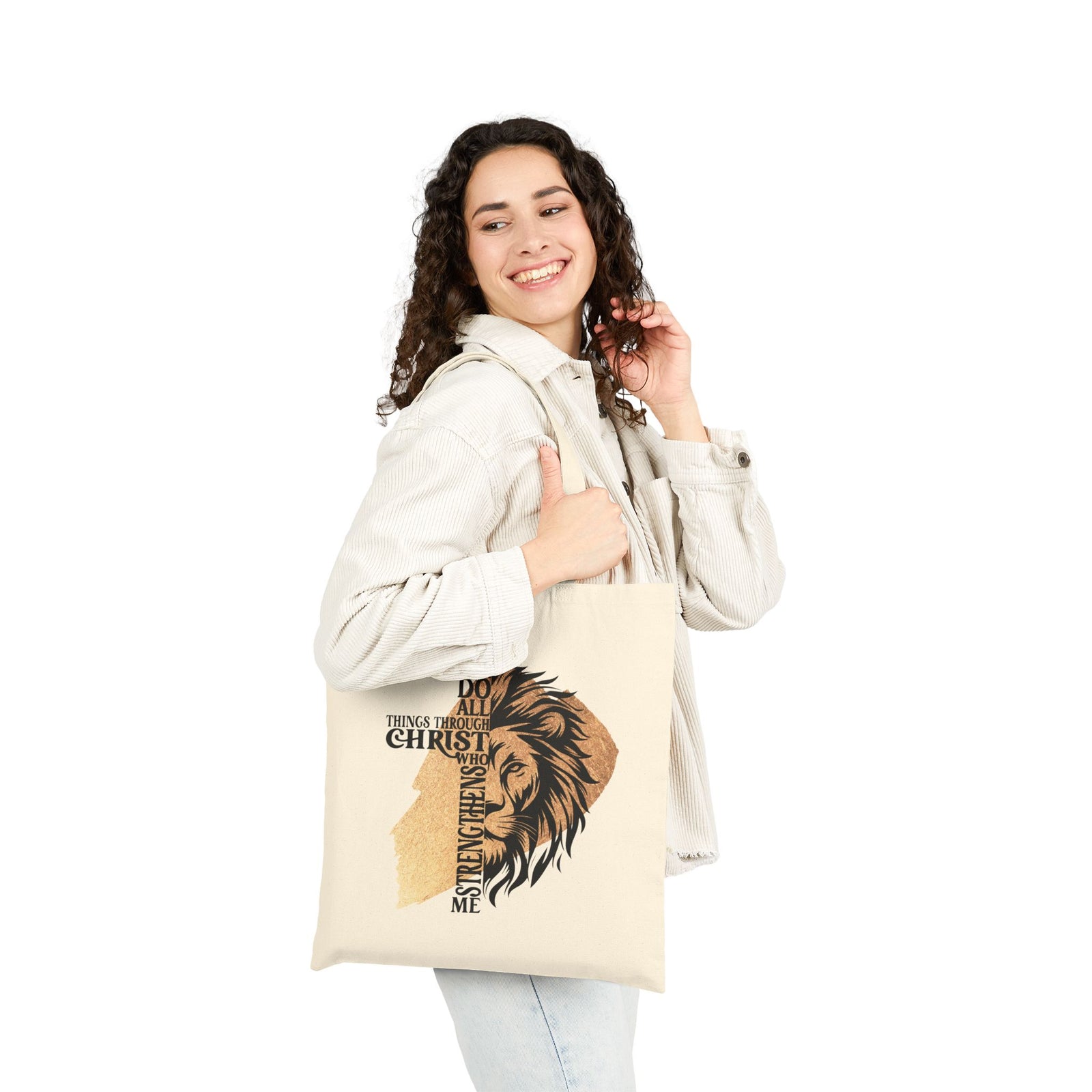 All Things Through Christ Christian Lion Cotton Canvas Tote Bag