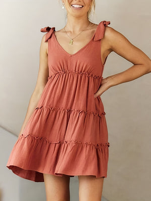 Full Size Frill V-Neck Tie Shoulder Mini Dress - Sydney So Sweet