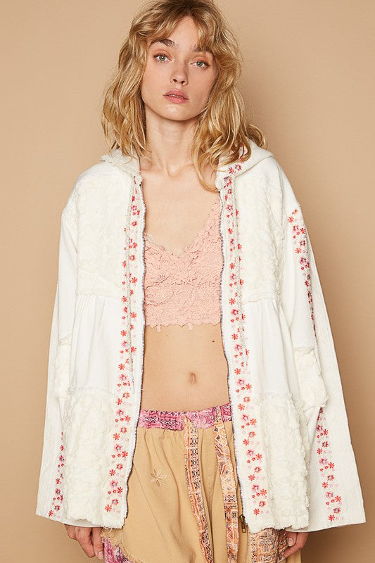 POL Embroidered Lace Patch Zip Up Hooded Jacket - Sydney So Sweet